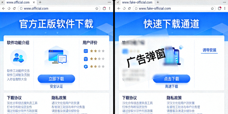 安全下载指南图解，对比官方正版网站与仿冒网站的区别，并展示汉化后的中文界面
