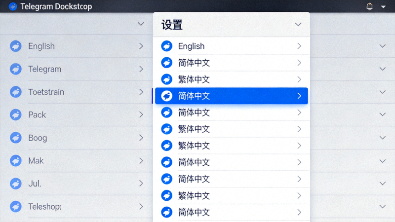 Telegram Desktop 设置界面中显示语言选择列表，高亮显示简体中文选项