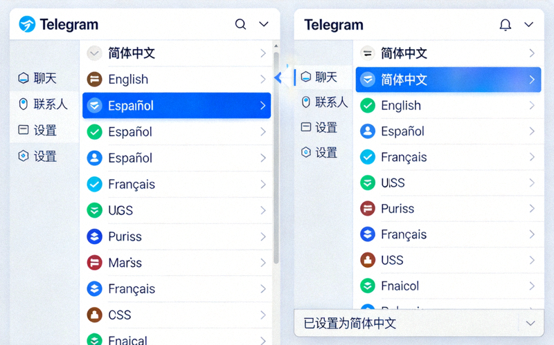 Telegram Desktop 语言选择列表截图 - 高亮显示简体中文选项，并展示点击后的应用效果