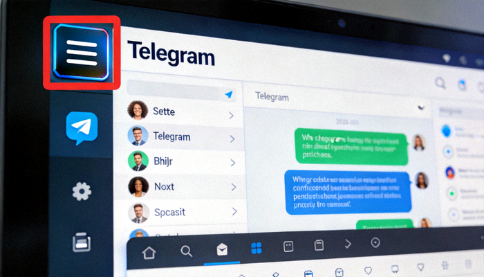 Telegram Desktop 主界面截图，高亮显示左上角的设置菜单按钮位置