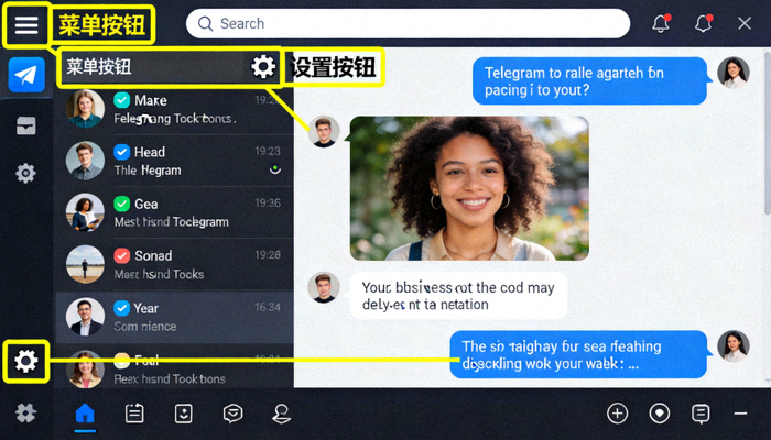Telegram Desktop 主界面截图，高亮显示左上角菜单和设置按钮位置