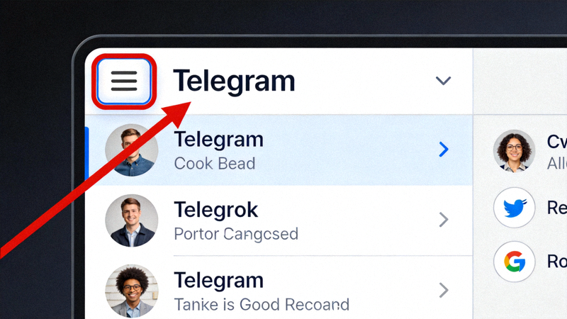 Telegram Desktop 主界面左上角，用红色箭头高亮指向三条横线的设置菜单按钮
