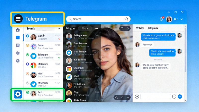 Telegram PC版主界面截图，高亮显示左上角的汉堡菜单按钮和设置入口