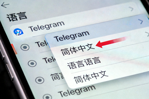 Telegram设置菜单中语言选项的高清截图，箭头指向简体中文