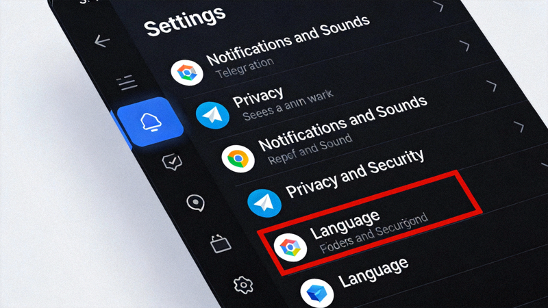 Telegram 设置侧边栏界面截图，语言选项被红色方框突出显示