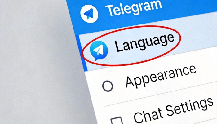 Telegram 设置侧边栏中 Language 选项被圈出的特写截图