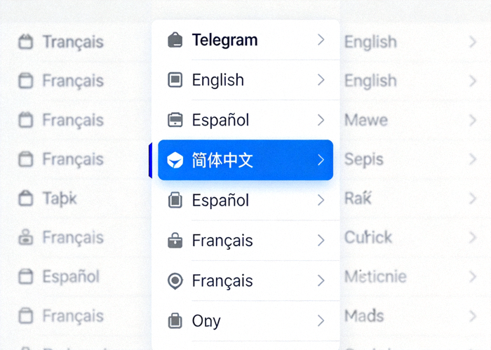 Telegram 语言选择窗口，列表中简体中文选项被高亮选中