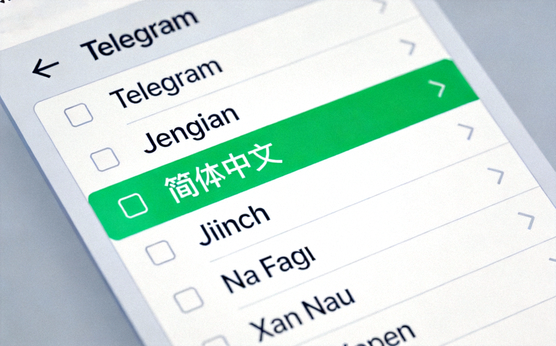 Telegram 语言选择窗口截图，显示众多语言列表，简体中文选项被绿色高亮选中