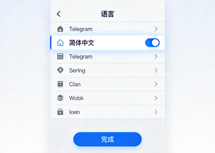 Telegram 语言选择窗口截图，显示简体中文选项被选中