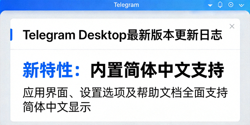 Telegram桌面版最新版本更新日志截图，突出显示内置简体中文支持的新特性